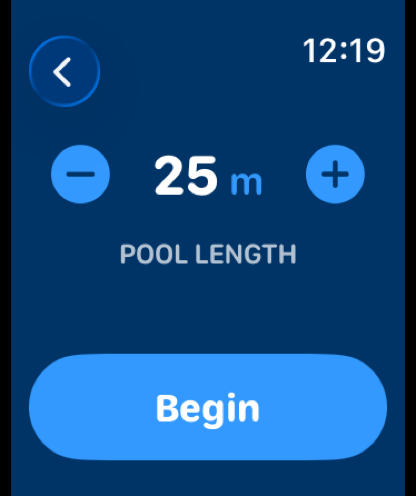 Apple Watch pool length selector showing 25 m with a Begin button
