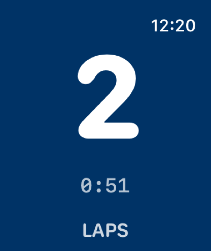 Apple Watch showing lap count 2 in large white text on a deep navy background